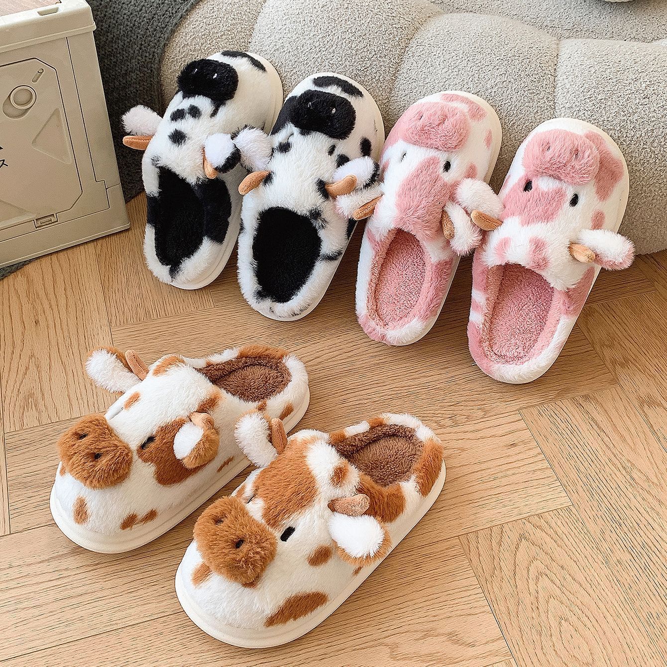 Chaussons vache mignons – Hiver chaud, confort pour la maison, antidérapants