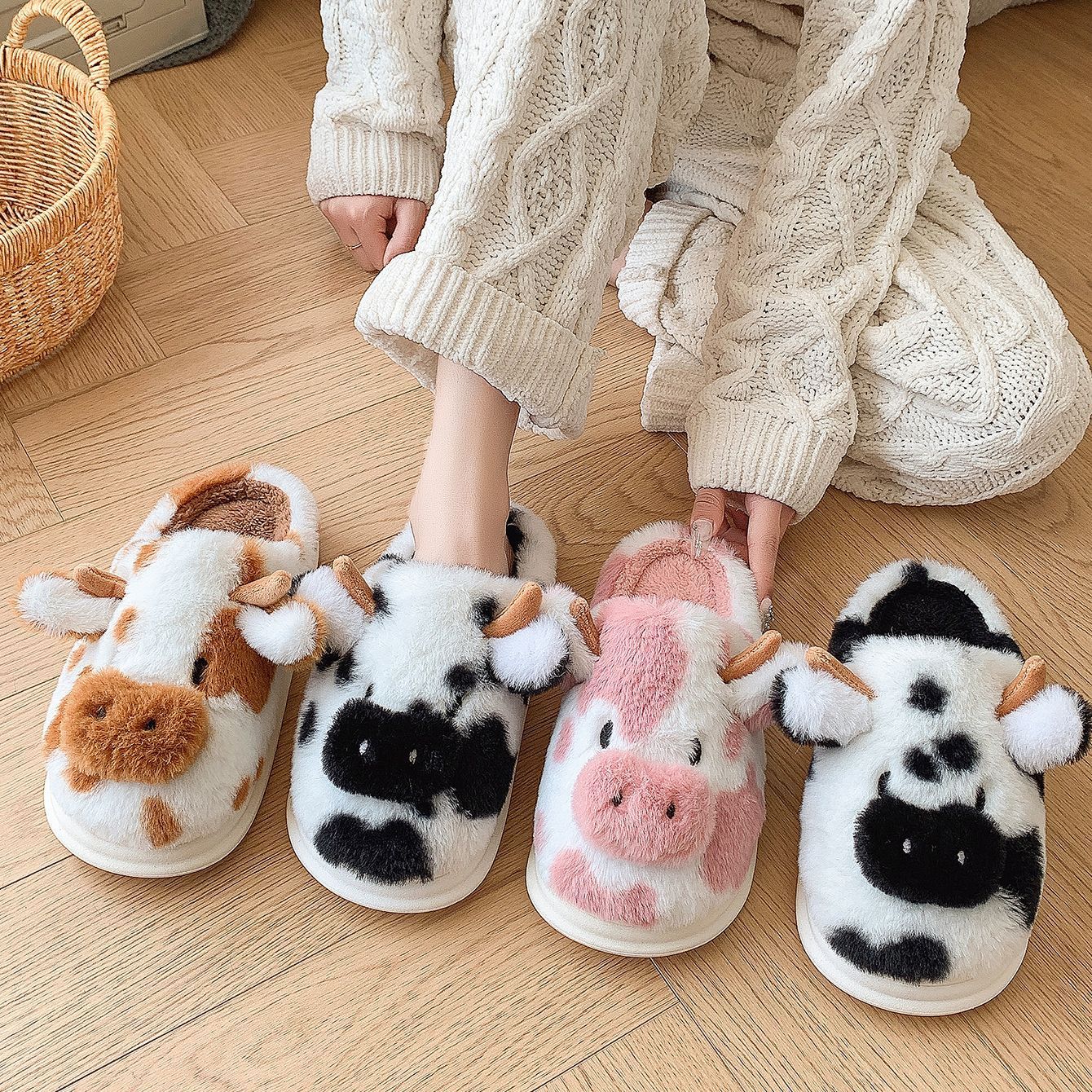 Chaussons vache mignons – Hiver chaud, confort pour la maison, antidérapants